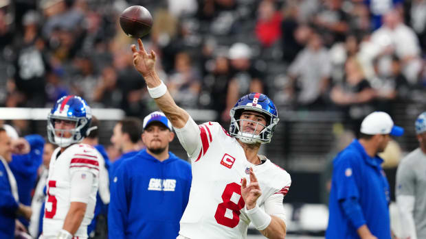 Nov 5, 2023; Paradise, Nevada, USA; New York Giants quarterback Daniel Jones (8) warms up before a game against the Las Vegas Raiders at Allegiant Stadium.